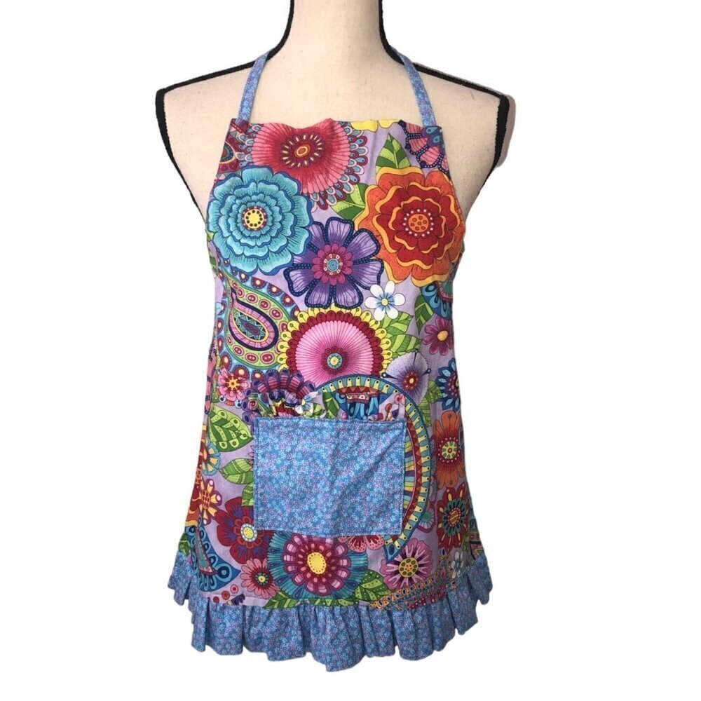 Girls Apron Handmade Ruffle Pocket Whimsical Floral Print Multicolor Cottagecore